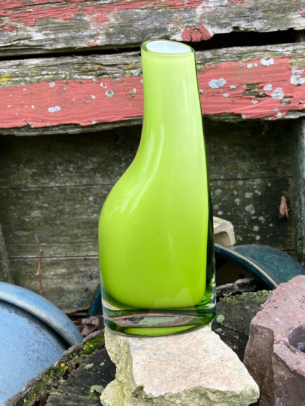 Vintage 90’s IKEA Okkso Lime Green Art Glass Vase Midcentury Modern Style